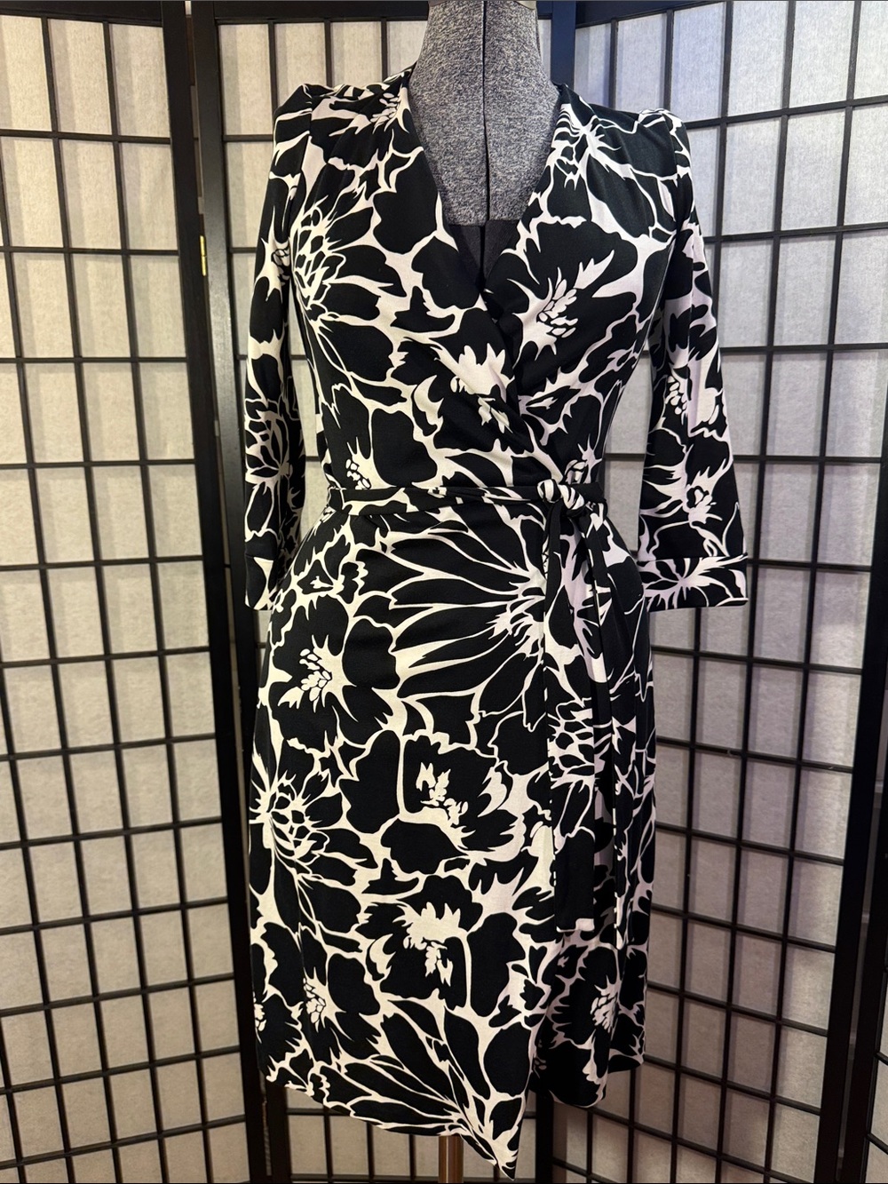 Diane Von Furstenberg Black & White Floral Wrap Midi Dress
